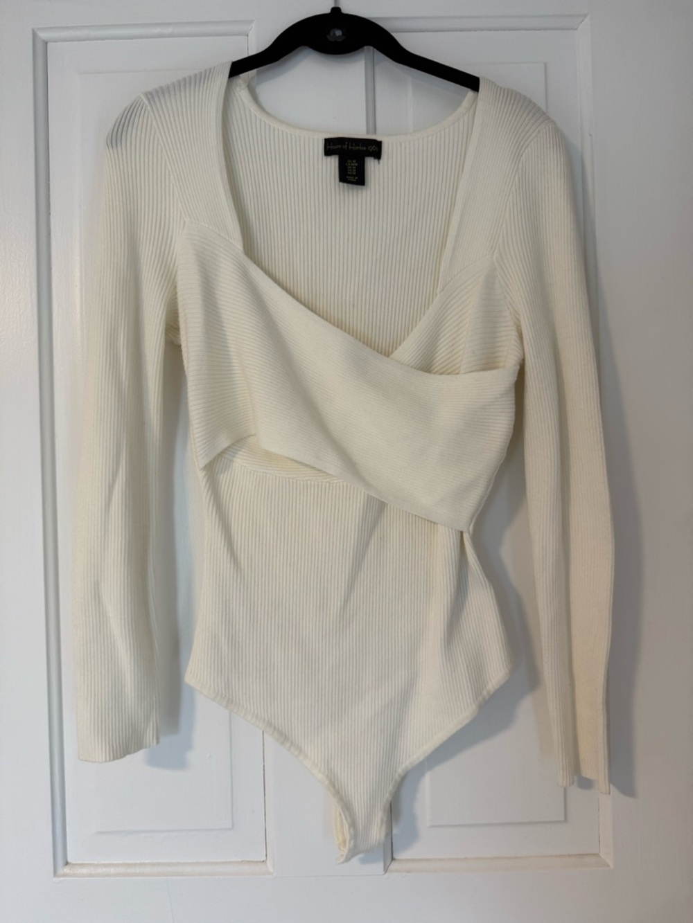 House of Harlow 1960 Cream Ribbed Wrap-Front Long-Sleeve Bodysuit